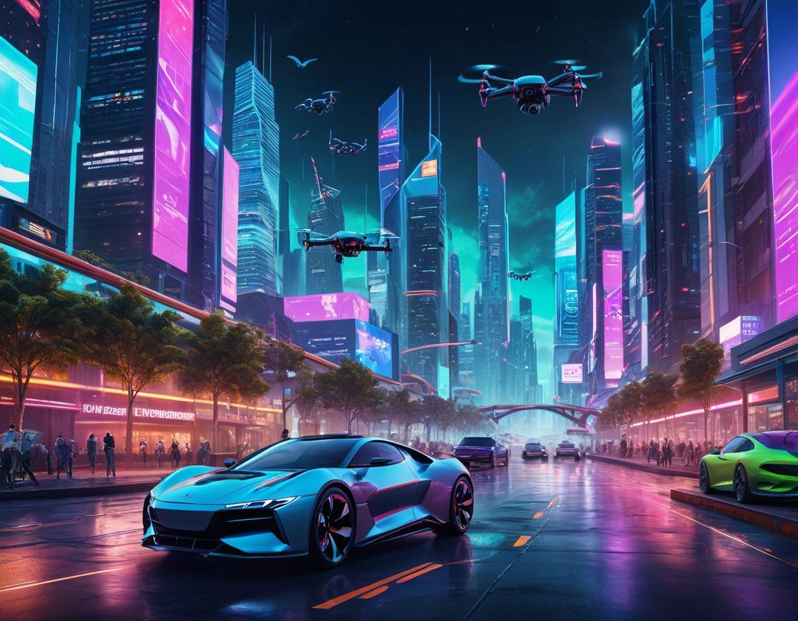 A futuristic cityscape showcasing advanced digital solutions, featuring neon lights, holographic displays, and diverse people using innovative devices. In the foreground, a group of professionals collaborating on sleek tablets with vivid interfaces, surrounded by flying drones and electric vehicles. The skyline is dotted with smart buildings that integrate greenery and technology. Elements of virtual reality are subtly integrated into the atmosphere, enhancing the sense of innovation. vibrant colors. cyberpunk. 3D.