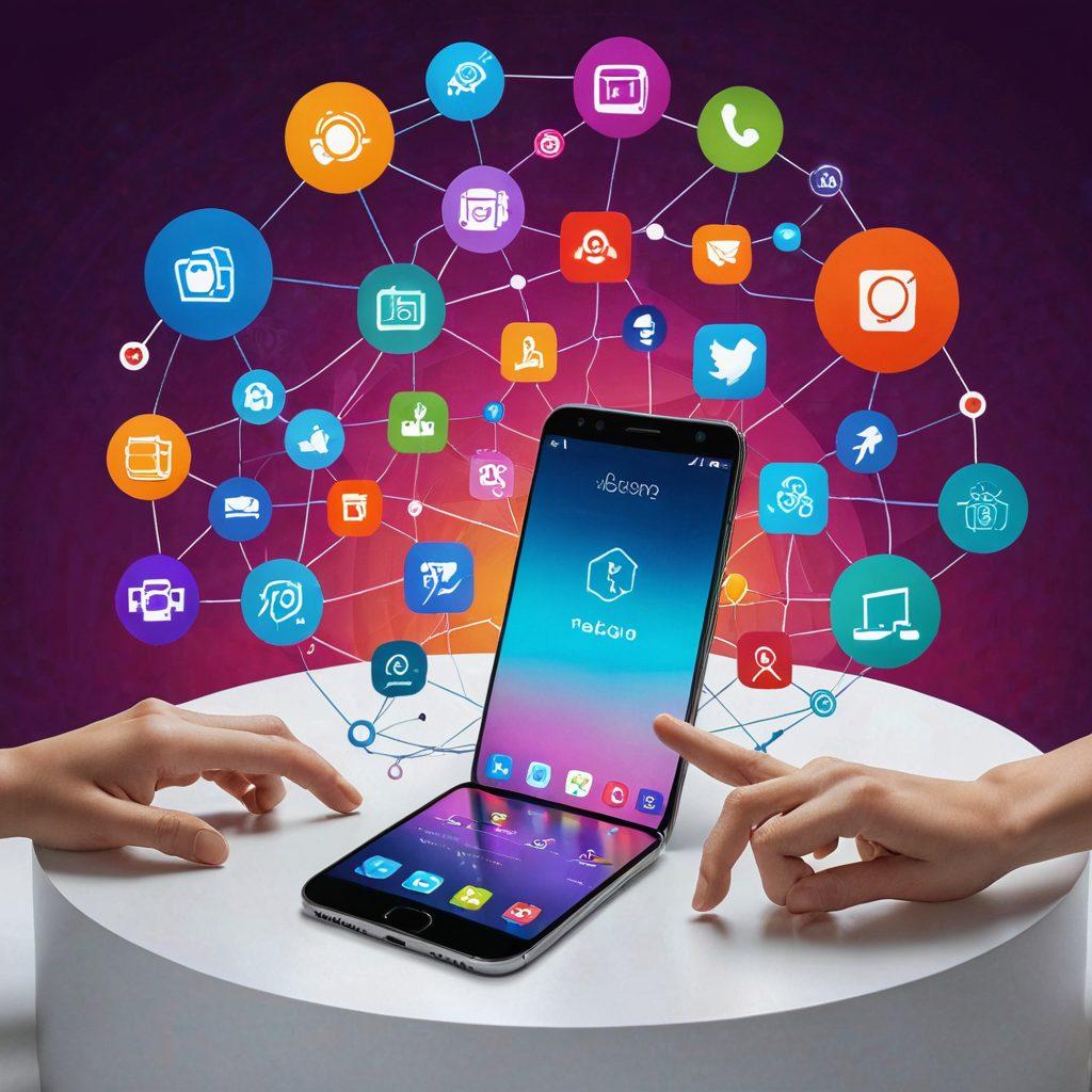 A vibrant and dynamic collage showcasing diverse innovative products and services, including a smartphone displaying Bajoo's app, futuristic gadgets, and creative tech solutions. Include elements symbolizing connectivity and user experience, like hands interacting with digital interfaces. The background should be lively and modern, with bright colors and a tech-inspired design. super-realistic. vibrant colors. 3D.