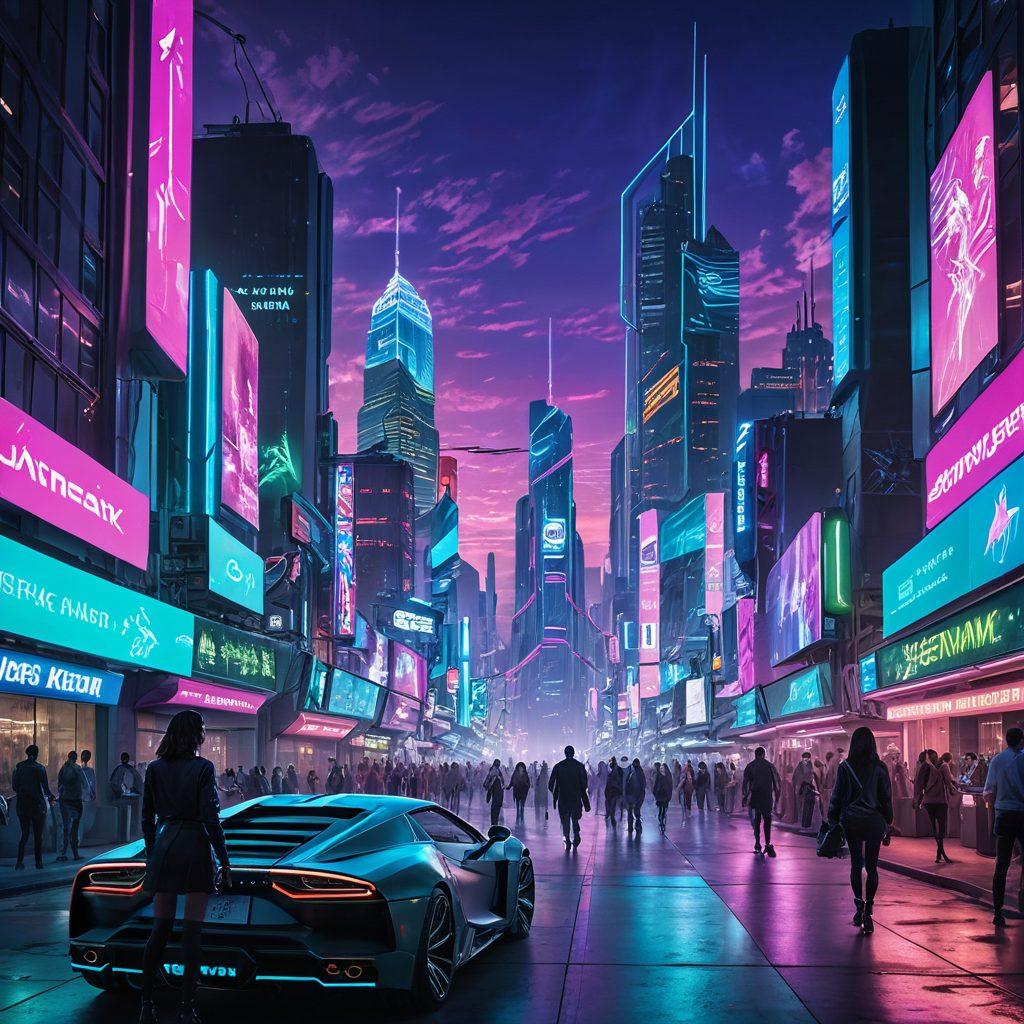 A futuristic city skyline at dusk, bathed in neon lights, with people interacting with advanced tech gadgets like holograms and augmented reality devices. Showcase diverse individuals engaged in creative tasks, highlighting innovation and collaboration. Include elements like flying cars and smart buildings to depict progress. Reflect a vibrant, optimistic atmosphere. cyberpunk. vibrant colors.